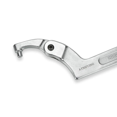 Close-up of C pin wrench from 4 Piece Adjustable Spanner Wrench Set With Round Head Hooks, movable head, metal finish.