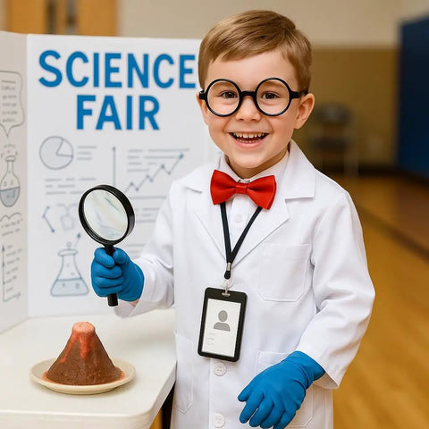 Child wearing Mad Scientist Costume Kit For Kids With Thick White Lab Coat Goggles Magnifying Glass Gloves And Bow Tie For Boys And Girls Ages 3 To 12 Halloween Dress Up And Birthday Parties