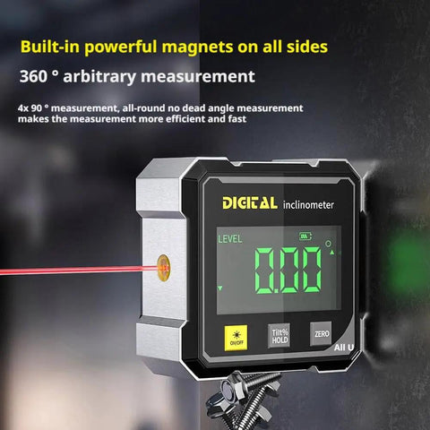 Digital Angle Finder With Laser And Four Side Magnetic Gauge For Woodworking, Cube Inclinometer, Table Saw Protractor, Precise Measuring Tool With LED Display For Quick Absolute And Relative Angles, Level Box For Hanging, black