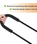 Sturdy dual-tube Adjustable Bike Training Handle For Kids, Parental Stabilization Bar, close-up of hand grip and metal rod.