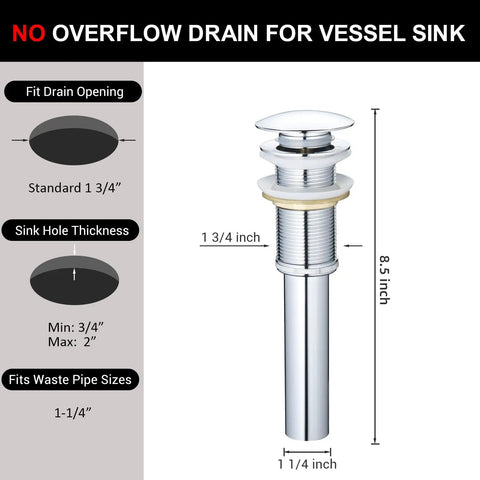 Vessel Sink Drain Pop Up Chrome No Overflow For One And Three Quarter Inch Drain Opening with dimensions and parts labeled.
