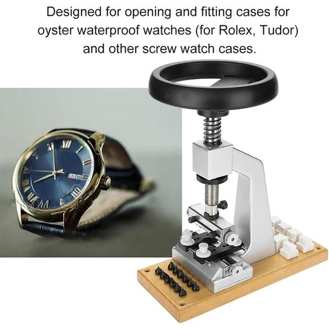 Top Tier Premium Watch Case Opener Tool Set Hella Tough Bench Press Vice next to a stylish waterproof watch on a work surface.