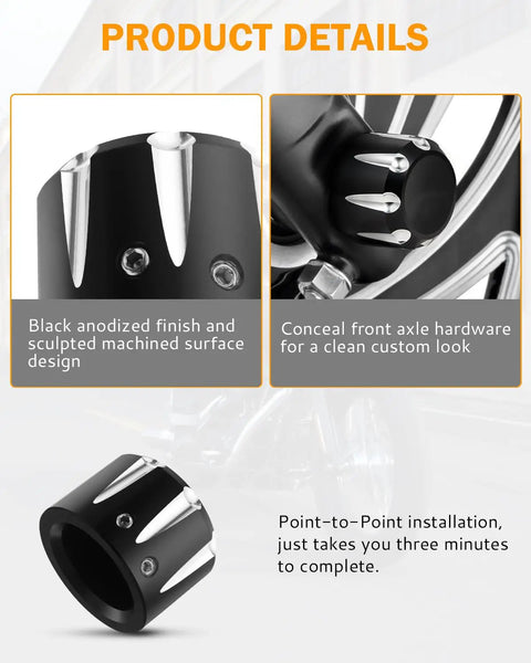 Black Front Axle Nut Cover Cap CNC Aluminum Compatible With Harley Davidson Touring Road King Street Glide, close-up view