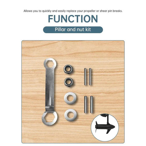 Electric Outboard Propeller Nut Kit For Quick Propeller Replacement And Pin Repair on wooden background.