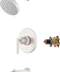 Capistrano Tub and Shower Trim Kit With One Handle Valve and Cartridge Five Mode Multi Function Shower Head Featuring Spot Defense Tub Spout Diverter