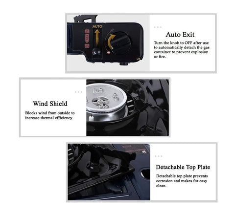 ST-7000 Blue Portable Gas Stove With Case For Camping Outdoors Lightweight Compact Stove With Auto Shutoff Safety High Heat Output Wind Resistant Burner Adjustable Heat Control Butane Not Included featuring auto exit, wind shield, detachable top