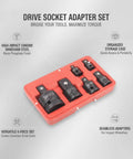 Huge 6-Piece Drive Socket Adapter Set Made Of Chrome Vanadium Steel Lets You Hook Your Impact Wrench To Any Standard Socket Kit Plus Storage Box For Gnarly Automotive Repairs And Heavy Duty Bolts. 6-piece chrome vanadium socket adapter set in red storage case