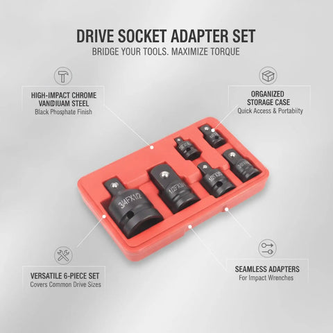 Huge 6-Piece Drive Socket Adapter Set Made Of Chrome Vanadium Steel Lets You Hook Your Impact Wrench To Any Standard Socket Kit Plus Storage Box For Gnarly Automotive Repairs And Heavy Duty Bolts. 6-piece chrome vanadium socket adapter set in red storage case