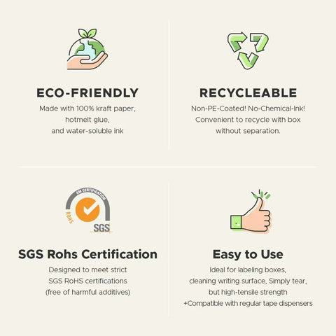 Image showing features of Brown Kraft Paper Tape 2 Inch By 43 Yards With Writable Non Coated Surface For Masking Sealing And Packaging Use Eco Friendly Recyclable And Easy To Tear Workhorse Packing Tape For Moving Shipping And Storage, highlighting eco-friendly, recyclable, SGS certification, and ease of use.