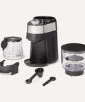 Professional Flat Burr Coffee Grinder With 30 Precision Settings For French Press Drip Coffee And Espresso Anti Static Housing And Six Point Five Ounce Hopper Black showing grinder components and accessories.