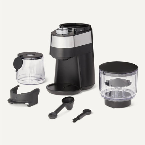 Professional Flat Burr Coffee Grinder With 30 Precision Settings For French Press Drip Coffee And Espresso Anti Static Housing And Six Point Five Ounce Hopper Black showing grinder components and accessories.