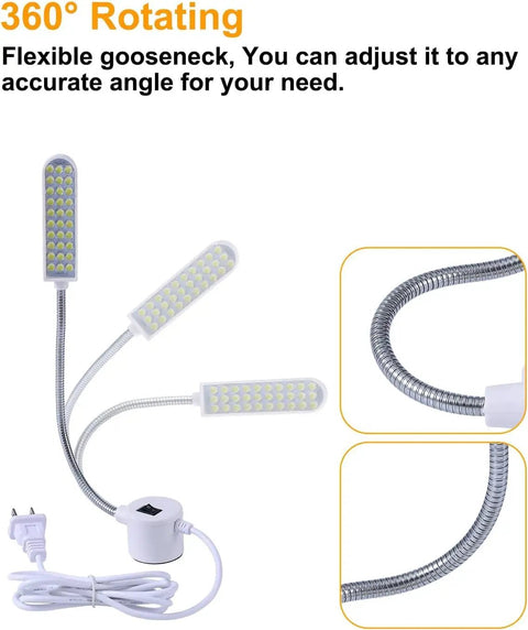 30 LED Sewing Machine Light With Flexible Gooseneck And Magnetic Mount showing three adjustable lights on flexible necks.