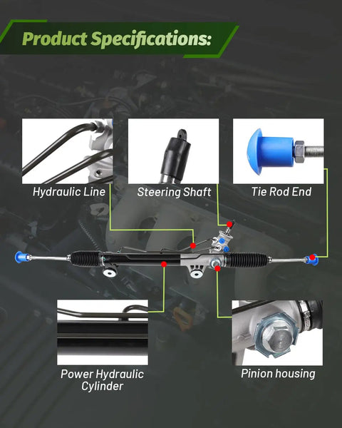 Hydraulic Power Steering Rack And Pinion Assembly For 2WD Front Steering Replacement For 1999 2006 Chevrolet Silverado 1500 And 1999 2006 GMC Sierra 1500 2WD showing specifications like hydraulic line and tie rod end.