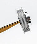 90 Tooth HTD Timing Pulley In Heavy Duty Aluminum Alloy With Precision Gears For Slip Free Belt Drive and Rock Solid Performance side view with shaft