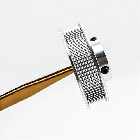 90 Tooth HTD Timing Pulley In Heavy Duty Aluminum Alloy With Precision Gears For Slip Free Belt Drive and Rock Solid Performance side view with shaft