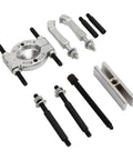 Legit 9 Piece Bearing Separator Kit With Hub Axle Puller For Pinion Removal Adjustable 0 To 90 Degrees Plus 2 And 3 Jaw Setups For Hubs Drive Shafts Handling Car Probz No Brain Burn Wallet Drain In Your Own Garage Easy Fix Tools Any Driver Needs Right Now. 9-piece metal bearing separator kit with puller jaws, threaded rods, and adapters laid out on white