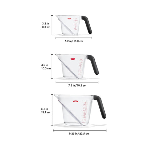 Angled 3 Piece Measuring Cup Set With Read From Above Design Liquid Measuring Cups For Easy Pouring And Quick Reads BPA-free sizes.