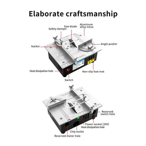 Compact Mini Table Saw With 24V Motor And 63mm Blade For Quick Woodwork Projects Featuring detailed layout of safety features and components.
