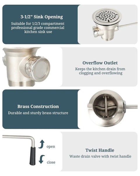 3-1/2 Inch Commercial Sink Drain With Twist Handle Waste Valve Stopper For One Half And Three Compartment Sinks, 2 Inch Outlet