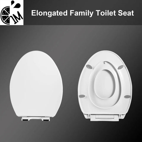 Top Tier Elongated Toilet Seat With Butter Smooth Slow Close Hinges And A Clever Magnetic Toddler Potty Trainer Anti Wiggle Mounts Eliminate All That Loud Slamming Drama, white plastic design, top and bottom views.