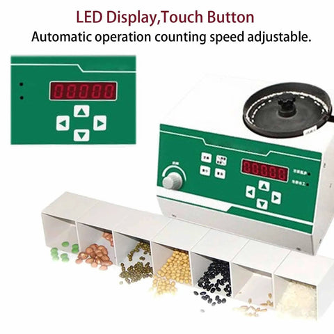 SicwEDIM Automatic Seed Counter With LED Display Microcomputer Control showing adjustable speed and assorted seeds in counting bins.