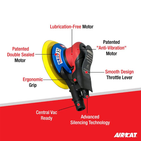 Pneumatic Orbital Palm Sander With Central Vacuum For Dust Busting Finishing 11,000 RPM Double Sealed Lubrication Free Air Motor.