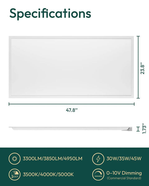 12 Pack 2x4 LED Flat Panel Light With 3CCT Dimmable 0 To 10V And 3 Wattage Options dimensions and specifications