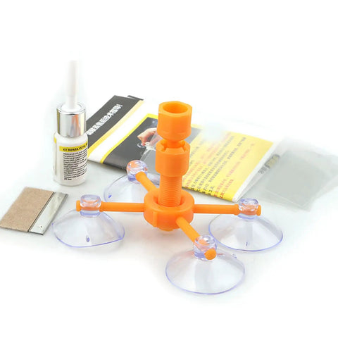 Windshield Repair Kit For Cracks And Scratches, Quick Fix Chip Repair Set With Suction Cup And UV Curing Light components displayed