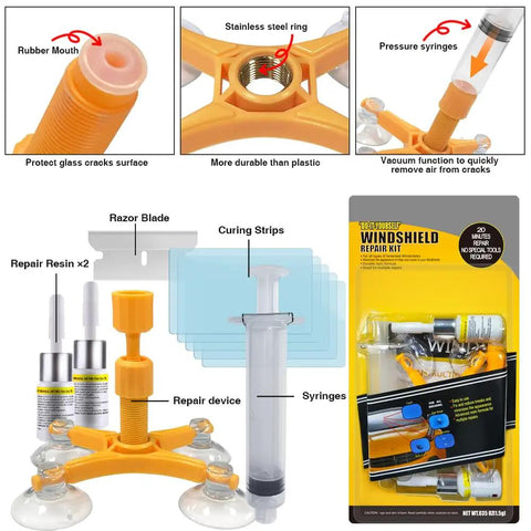 Windshield Repair Kit With High Penetration Resin And Pressure Syringes, DIY Auto Glass Chip And Crack Repair Tool Set in packaging