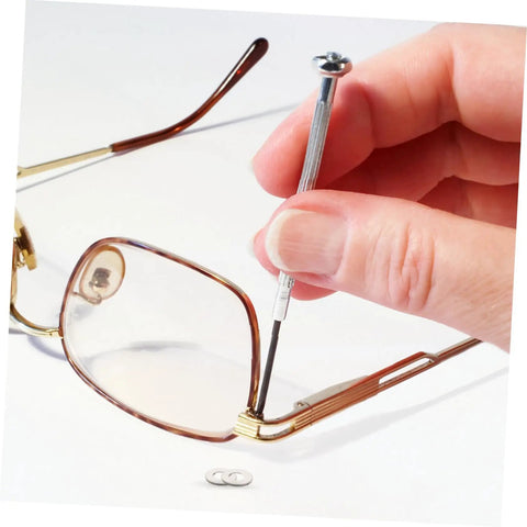 Your Go To Eyeglass Washers Kit With 200 Pcs Rimless Glasses Flat Washers And Metal Fasteners for easy frame repair shown in use