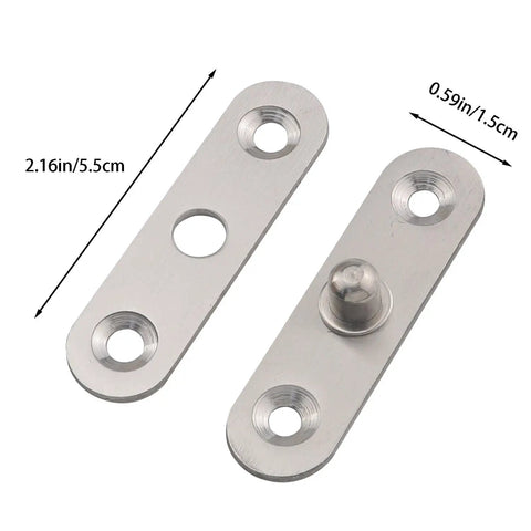 Six Piece Quality Heavy Duty Stainless Steel Pivot Hinges Delivered With Slick 360 Degree Swivel And Effortless No Sweat Mounting For Household Cabinet Doors, showing two stainless steel hinges with mounting holes.