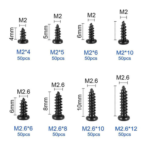 Must Have Versatile M2 And M2.6 Black Phillips Pan Head Self Tapping Screws Set Kit 400 Pieces with sizes and quantities shown