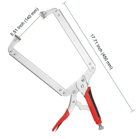 4 Piece Beefy 18 Inch Locking C Clamps Set With Swivel Pads And Rubber Handle Sleeves For Welding And Woodworking Heavy Duty Locking Pliers With Adjustable Jaw Up To 7 Inches, showing dimensions.