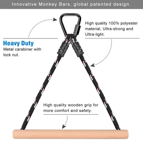 3 Pack Ninja Monkey Bars Obstacle Course Set with wood and rope trapeze swing attachment, metal carabiner clip shown