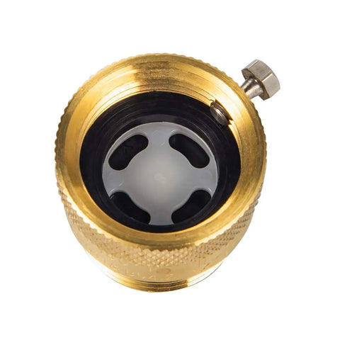 Top view of Three Quarter Inch Solid Brass Garden Hose Connection Vacuum Breaker Backflow Preventer Kit with visible headless hex screw.