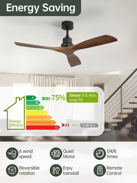52 Inch No Light Ceiling Fan for Indoor Outdoor Use With Remote Control Modern Wood Walnut Finish in a living room setting