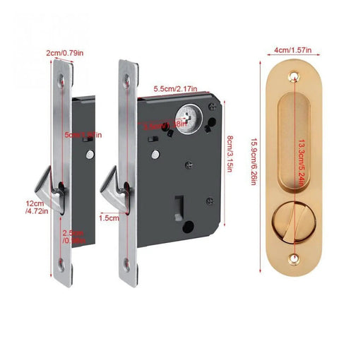 Rock Solid Zinc Alloy Keyed Sliding Barn Door Lock Handle For Wood Double Doors Heavy Duty Hardware with measurements.