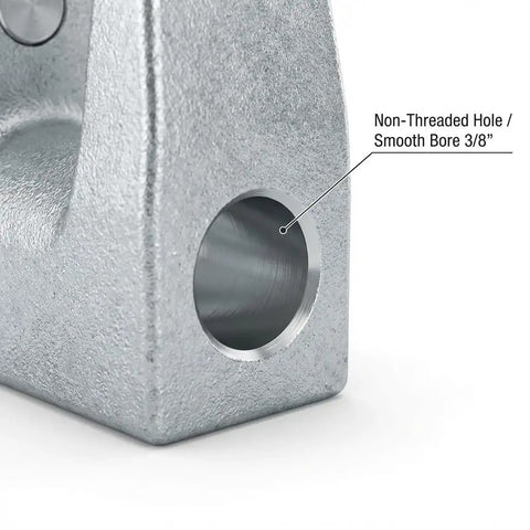 Close-up of Zinc Plated Steel Top Shelf Tough As Nails Beam Clamp showing 3/8 inch non-threaded smooth bore hole.