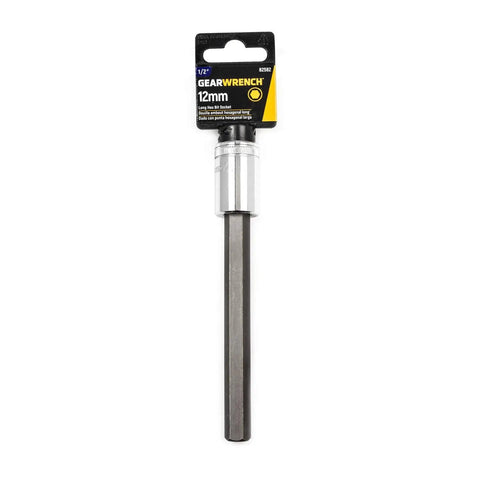 Long Length Hex Bit Socket With One Half Inch Drive, 12mm Hex, S2 Steel Insert Bits And Heat Treated Socket Bases on white background