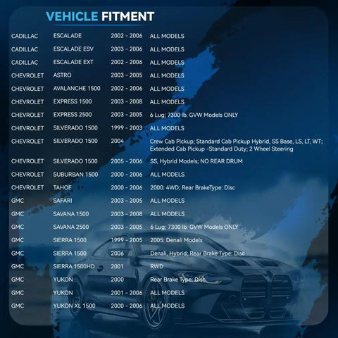 Vehicle fitment chart for Front Brake Kit With 12 Inch Rotors And Ceramic Pads For Chevrolet GMC Silverado Suburban Sierra Savana Yukon XL 1500 Tahoe Escalade Replacement Disc Brakes