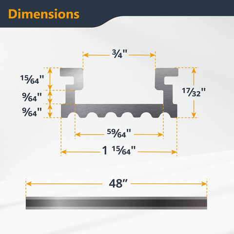 Dimensions of 48 Inch Heavy Duty Aluminum Miter T Track And T Slot Bar Kit showing precise measurements for accurate setup.