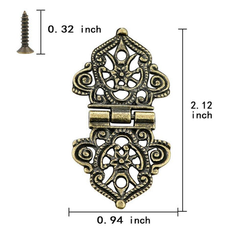 Antique Bronze Engraved Hinge Set 20 Pieces Hollow Carved Design for Jewelry Boxes with screw, dimensions shown