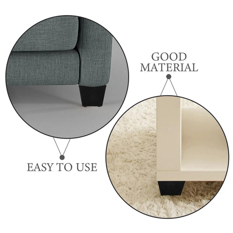 Eight Piece Square Sofa Legs With Threaded Adjustable Plastic Furniture Feet shown on couch and cabinet.