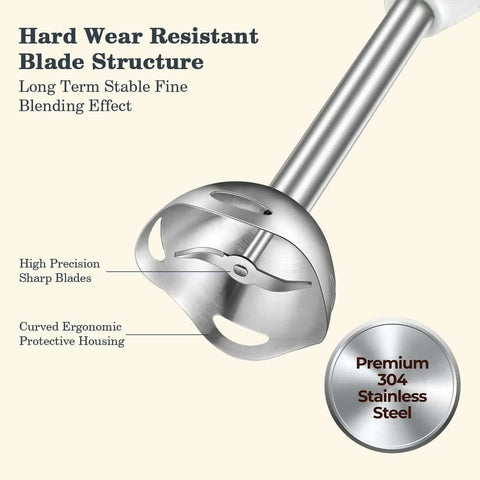 Top Shelf White Immersion Hand Blender Stick Mixer With 2 Speed Settings And Razor Sharp Stainless Steel Blades close-up of sharp blade structure.