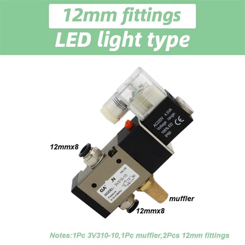 Heavy Duty 3V310-10 Solenoid Valve With 12mm Fittings Works On AC220V DC12V 24V AC110V For Pneumatic Components And Reversing Systems showing LED light type.