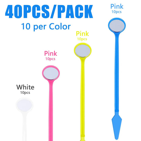 Disposable Plastic Dental Mirrors Set For Teeth Inspection, 40 curved angled mirrors, 10 each white, pink, yellow, blue