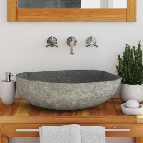 HKPWRBFG River Stone Sink Oval Wash Basin Bathroom Countertop Vessel on wooden vanity with accessories.