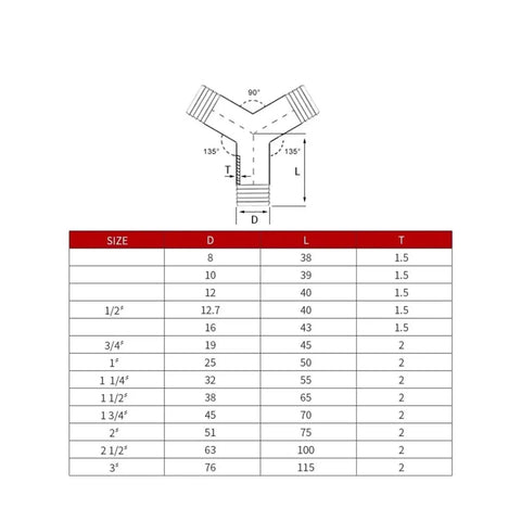 Top Shelf SUS304 Stainless Steel Y Shaped Hose Barb Tee Three Way Pipe Splitter Fitting sizing chart with dimensions 8mm to 108mm.