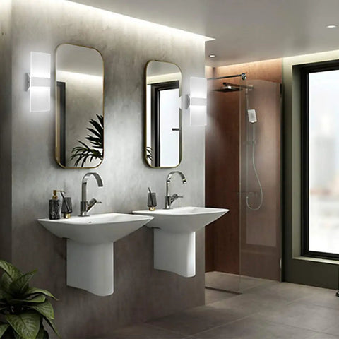 Set Of 2 Sleek Modern LED Wall Sconces 12W Cool White Light, Energy Efficient Acrylic And Aluminum Hardwired Wall Mounted Lamps shown in bathroom