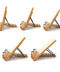 Side view of Bamboo Adjustable Book Stand With Tray And Clips, Portable Reading Desk for five angle positions, foldable, lightweight.